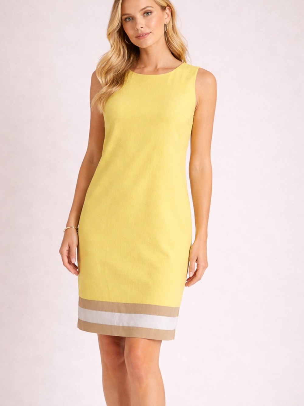Sleeveless Lemon Midi Dress with Neutral Stripe Hem